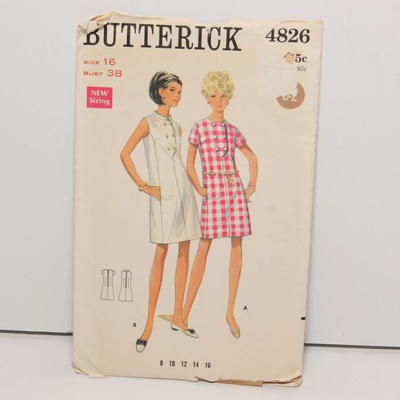 Vintage 60s Shift Dress Butterick Pattern 4826 Size 16 CUT - Picture 1 of 2